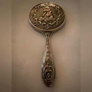 Vintage Antique Collectible silver hand mirror, baby bear teddy 5.5"